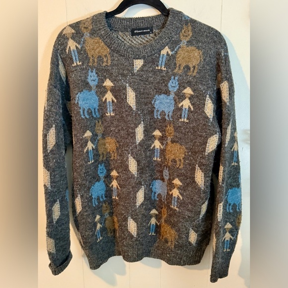 Planet Music Gray Alpaca Patterned Sweater with Blue and Brown Accents, Size M - Picture 1 of 8